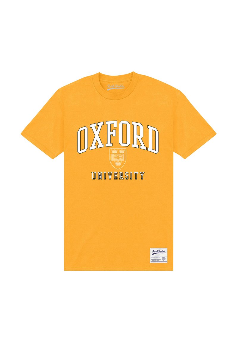 Žluté bavlněné tričko s nápisem "OXFORD" tučným bílým písmem nad designem štítu a "UNIVERSITY" menším textem níže.