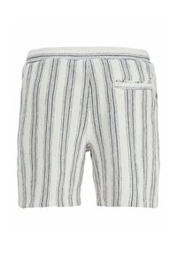 Shorts blancs avec des rayures noires verticales et une seule poche arrière, fabriqués en tissu texturé.