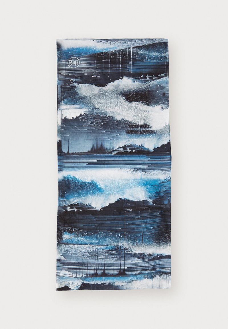 Collare Buff con un design astratto nei toni del blu e del nero, che ricorda onde e nuvole, realizzato in tessuto elastico e traspirante.