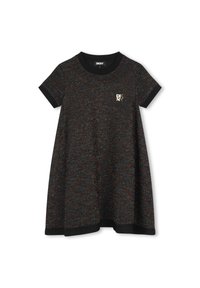 Robe noire et multicolore à pois avec une coupe A-line décontractée, des manches courtes et un col à côtes noir. Présente un logo doré sur la poitrine.