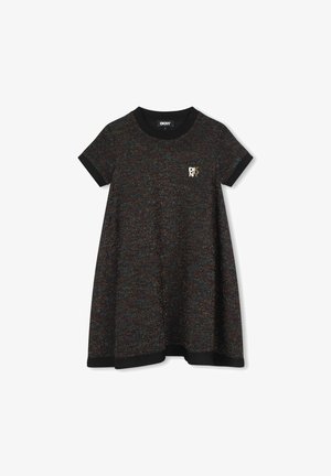 Robe noire et multicolore à pois avec une coupe A-line décontractée, des manches courtes et un col à côtes noir. Présente un logo doré sur la poitrine.