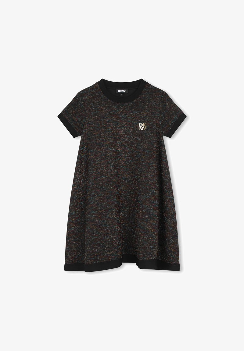 Robe noire et multicolore à pois avec une coupe A-line décontractée, des manches courtes et un col à côtes noir. Présente un logo doré sur la poitrine.