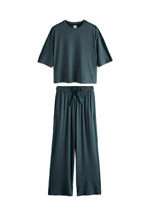 Teal cropped t-shirt with short sleeves, paired with matching wide-leg trousers featuring an elastic waistband and tie detail. Smooth texture.