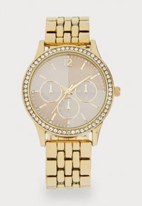 Gold wristwatch featuring a round bezel adorned with crystals, a dual-tone face, three sub-dials, and a linked metal band.