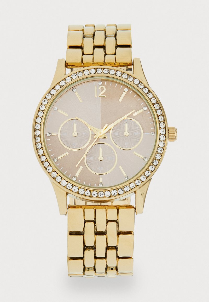 Gold wristwatch featuring a round bezel adorned with crystals, a dual-tone face, three sub-dials, and a linked metal band.