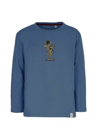 Langärmliges blaues T-Shirt aus Baumwolle, mit einer Cartoon-Wolfs-Grafik auf der Brust und einem kleinen Logo-Tag am Saum.