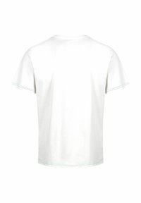 Witte katoenen t-shirt met korte mouwen, ronde halslijn en contrasterende blauwe stiksel langs de mouwranden en de onderrand.