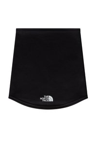 Braga de cuello negra hecha de material suave y elástico. Cuenta con un borde inferior curvado y un logotipo blanco de The North Face en un lado.