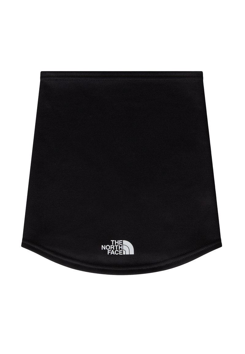 Braga de cuello negra hecha de material suave y elástico. Cuenta con un borde inferior curvado y un logotipo blanco de The North Face en un lado.