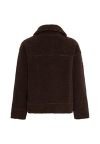 Veste polaire duveteuse marron foncé à manches longues et col, vue de dos sur fond blanc.