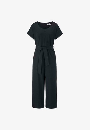 Zwart jumpsuit met korte mouwen, wijde pijpen en een stoffen riem. Het heeft een ronde halslijn en een discreet rits aan de achterkant. Glad materiaal.