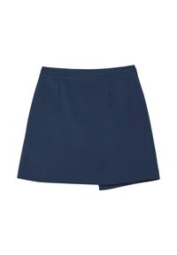 Marineblaue Minirock mit glatter Textur, ausgestattet mit zwei vorderen Falten und einem asymmetrischen Saum. Hergestellt aus einem leichten Gewebe.