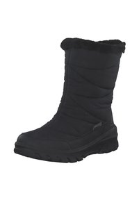 Botas de tobillo aislantes negras con un diseño acolchado, puño de pelo sintético, suela de goma y parte superior texturizada para mayor agarre y calidez.