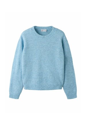 Pull bleu clair à manches longues avec un col rond et des poignets et un bas côtelés, fabriqué en tissu tricoté doux.