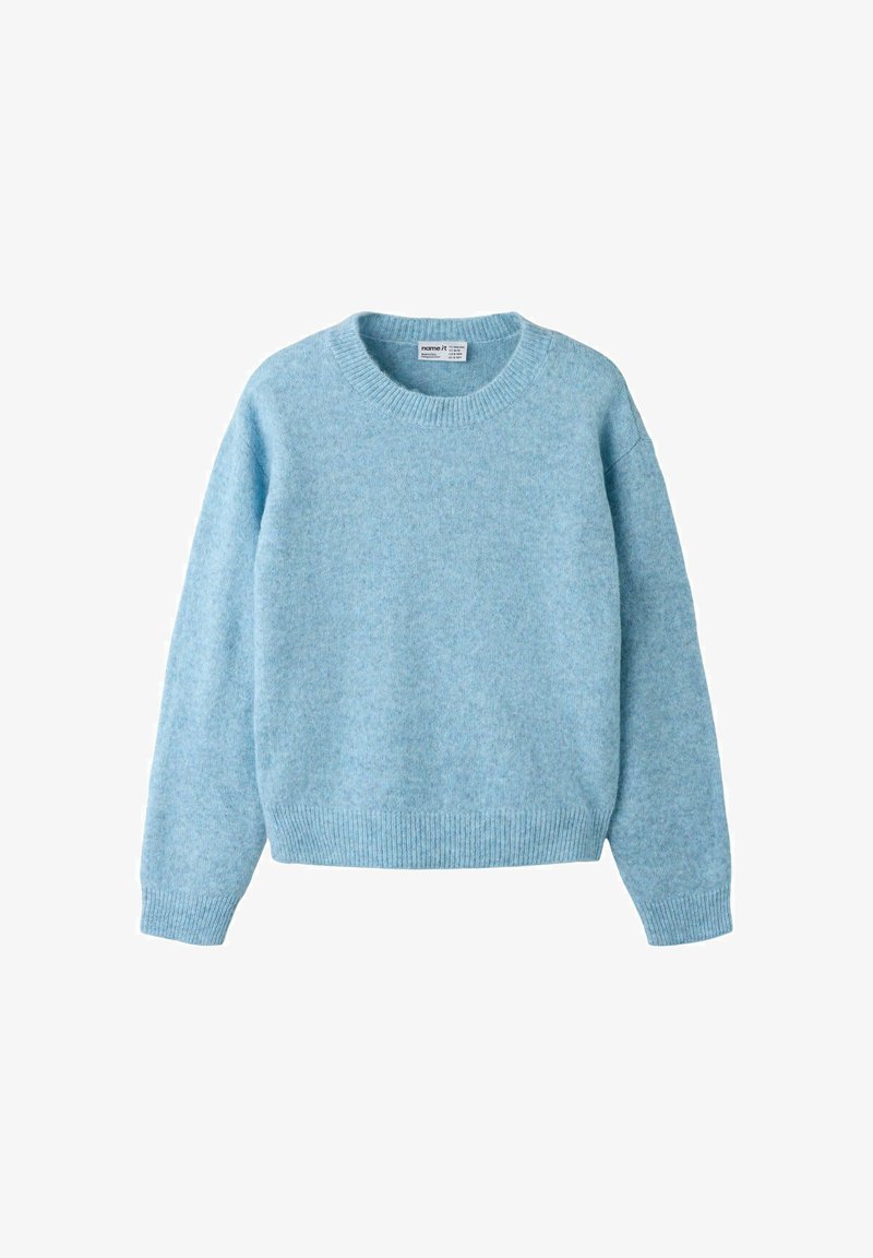 Pull bleu clair à manches longues avec un col rond et des poignets et un bas côtelés, fabriqué en tissu tricoté doux.