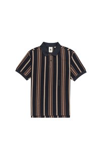 Pánská polo košile s krátkým rukávem tmavě modré barvy, s vertikálními krémovými a hnědými pruhy, se klasickým límcem a námořnickými akcenty na rukávech.