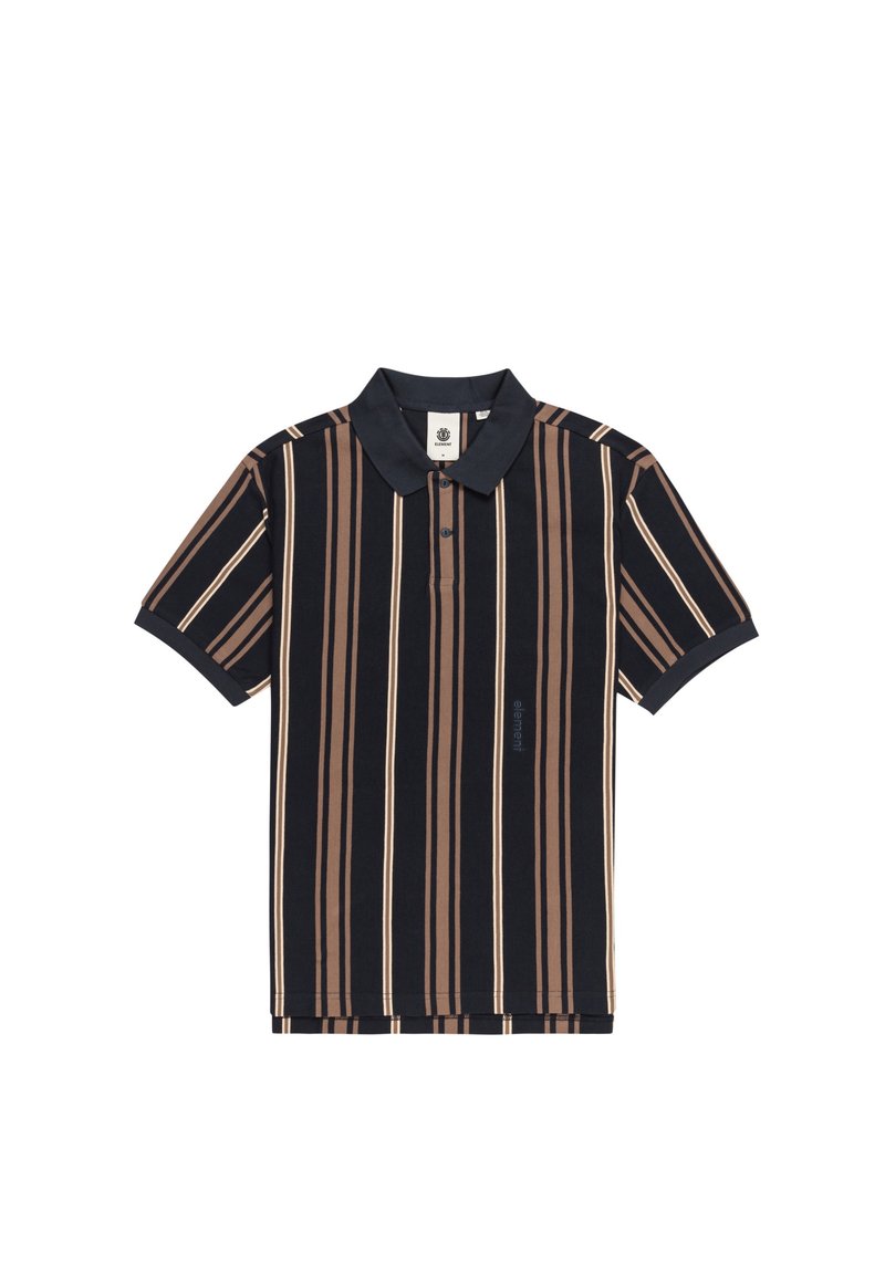 Pánská polo košile s krátkým rukávem tmavě modré barvy, s vertikálními krémovými a hnědými pruhy, se klasickým límcem a námořnickými akcenty na rukávech.