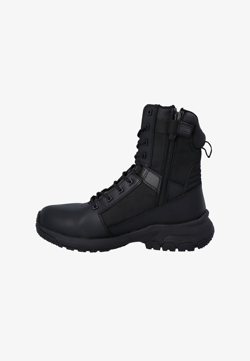 Black tactical boot with side zipper, laces, padded collar, durable sole, and fabric-panelled upper for rugged outdoor use.