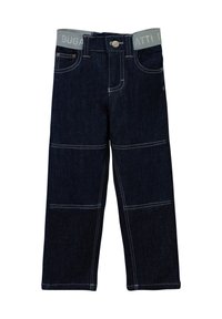 Pantaloni in denim blu scuro con un design a gamba dritta, caratterizzati da cuciture a contrasto, tasche frontali e un'ampia vita elastica con testo.