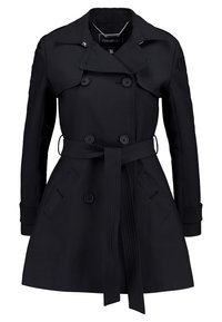 Černý dvouřadý trenčkot se širokými klopami, knoflíkovými manžetami, dvěma předními kapsami a zavazovacím páskem v pase.