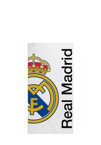 Real Madrid-vlag met een witte achtergrond, een cirkelvormig blauw en geel logo met een kroon, en vetgedrukte zwarte tekst met de tekst "Real Madrid."