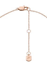 Roze gouden ketting met een lobster clasp en verstelbare schakels, met een kleine schildvormige hanger gegraveerd met de letter "F".