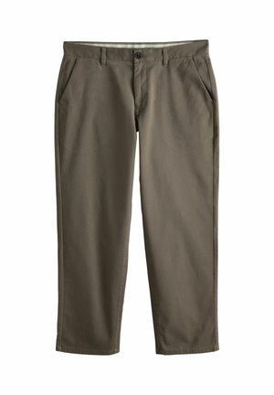 Brune bomulds chinos med lige ben design, der har bæltestropper, for- og baglommer og en knaplukning. Glat tekstur og klassisk snit.