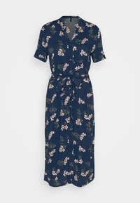 Navy blue short-sleeve midi dress with pink floral print, button-down front, and matching fabric belt tied at the waist.