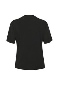 T-shirt noir à manches courtes en tissu doux, avec un col rond et une coupe décontractée. Design simple sans embellissements.