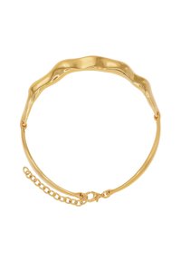 Armband in Goldton mit wellenförmigem Design, glatter Oberfläche und einem Kettenverschluss für eine verstellbare Passform. Hat ein glänzendes, reflektierendes Finish.