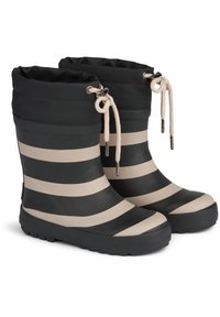 Bottes de pluie rayées noires et beiges avec un revers doux et pliable, un cordon ajustable et des semelles en caoutchouc texturé pour une meilleure adhérence.