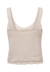 Knit sleeveless top in light beige, featuring a scoop neckline, wide straps, textured fabric, and a scalloped hemline.