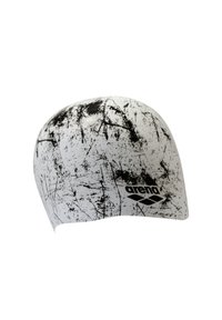 Cuffia da nuoto bianca con graffi e motivi astratti neri, realizzata in materiale liscio. Presenta il logo "arena" in nero.