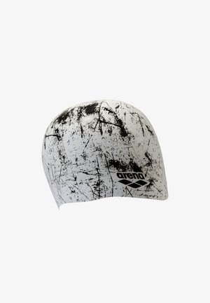 Cuffia da nuoto bianca con graffi e motivi astratti neri, realizzata in materiale liscio. Presenta il logo "arena" in nero.