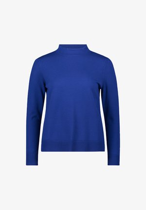 Niebieski sweter dzianinowy z wysokim kołnierzem, długimi rękawami oraz ściągaczami na mankietach i dole. Gładka tekstura z jednolitym kolorem przez całe włókno.