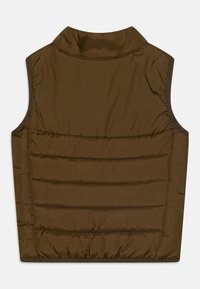 Gilet brown senza maniche con colletto alto, dotato di texture trapuntata e cuciture orizzontali. Il materiale appare liscio e resistente all'acqua.