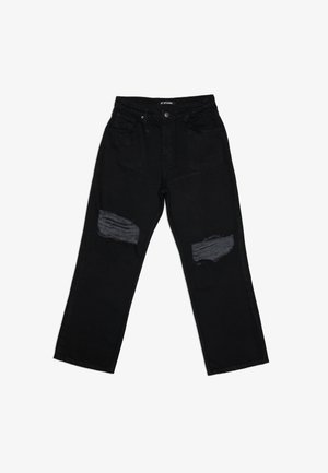 Schwarze Jeans aus Denim mit lockerem Schnitt, die zwei verwaschene Stellen an den Knien aufweisen. Der Stoff hat eine glatte Textur und eine minimale Ausbleichung.