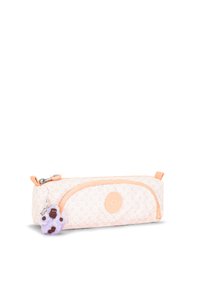 Astuccio color pesca chiaro con motivo geometrico; presenta una chiusura con zip e un charm che somiglia a una scimmia viola. Tessuto texturizzato.