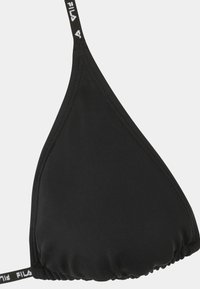 Top bikini triangolo nero realizzato in tessuto morbido. Caratterizzato da spalline regolabili con dettagli logo e lati arricciati per un look aderente.