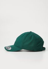 Green cotton baseball cap with a curved brim, adjustable strap at the back, and ventilation eyelets on the top. Features a sewn-in label.