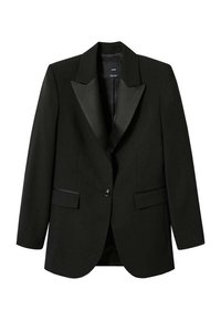 Musta räätälöity bleiseri satiinikiiltoisilla huipulapeilla, yksinäppäimellä suljettava, kaksi etutaskua ja jämäkät olkapäät. Sileä kangaspinta.