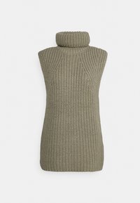 Gilet a collo alto senza maniche in maglia color verde oliva con una consistenza a coste spesse, mostrato su uno sfondo bianco semplice.