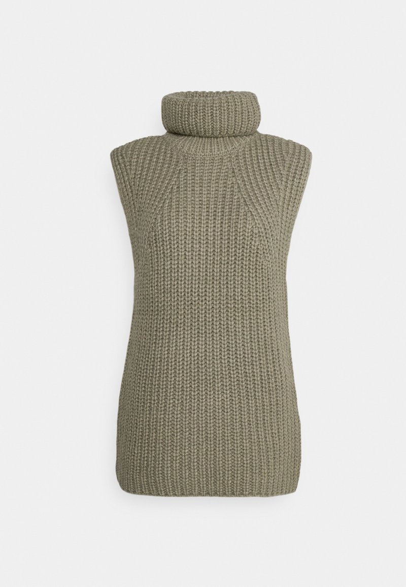 Gilet a collo alto senza maniche in maglia color verde oliva con una consistenza a coste spesse, mostrato su uno sfondo bianco semplice.