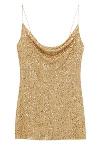 Haut à sequins dorés avec un col bénitier. Comprend des fines bretelles réglables, une silhouette cintrée et une finition texturée scintillante.