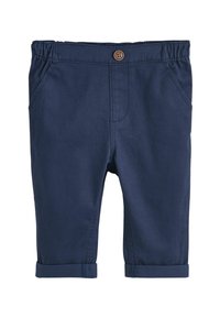 Granatowe, lekkie spodnie bawełniane z elastycznym pasem, zapięciem na guziki, przednimi kieszeniami oraz podwijanymi mankietami dla eleganckiego wyglądu.