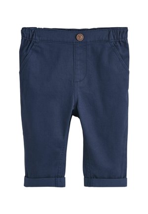 Námořnické modré, lehké bavlněné kalhoty s elastickým pasem, zapínáním na knoflík, předními kapsami a ohrnutými manžetami pro upravený vzhled.