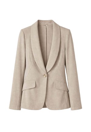 Blazer da donna beige su misura con collo a scialle, chiusura con un solo bottone e due tasche anteriori con patta.