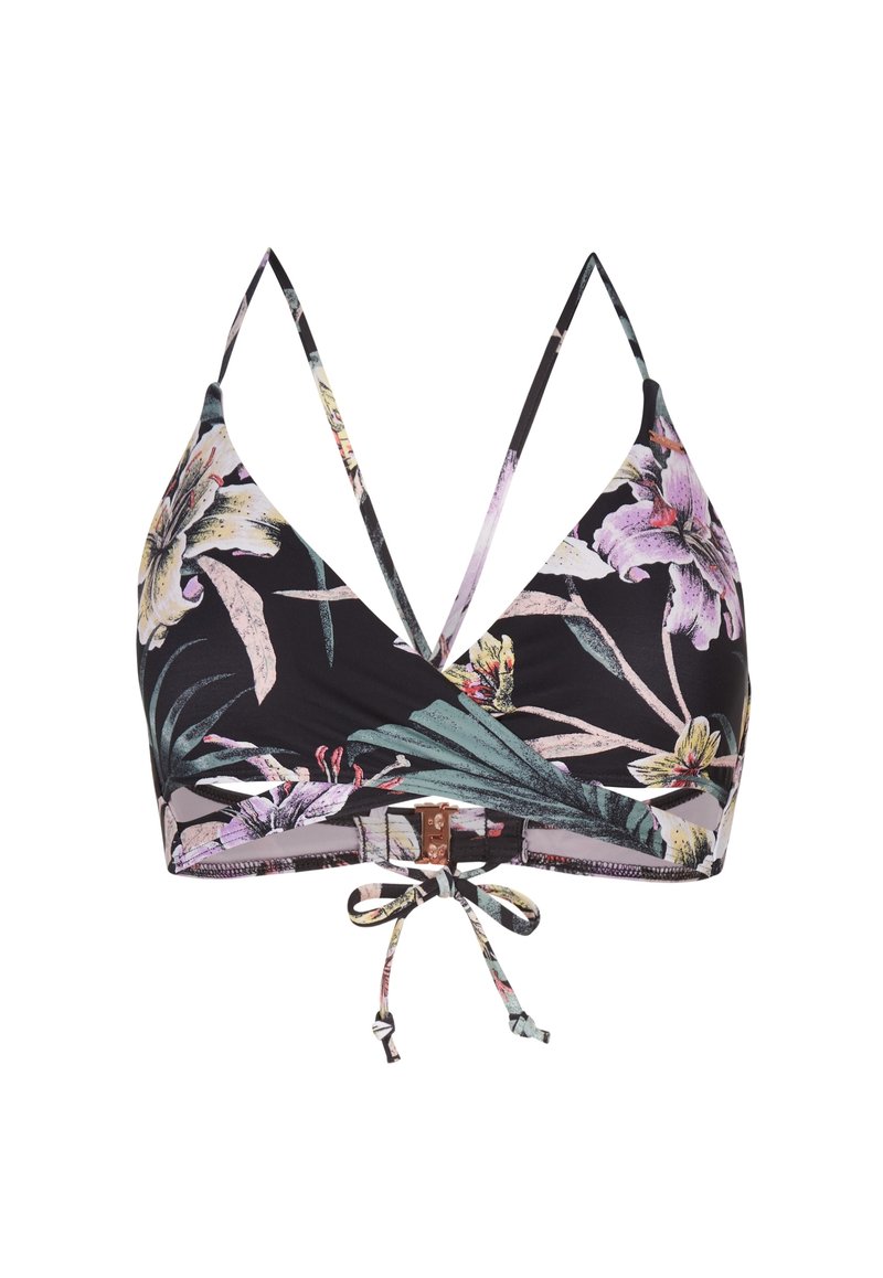 Haut de bikini noir à fleurs avec un design en V, des bretelles réglables et une fermeture nouée avec des accents métalliques et des détails imprimés tropicaux.