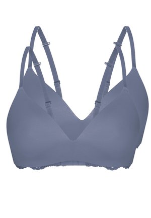 Grau nahtloser BH mit verstellbaren Trägern, einem tiefen V-Ausschnitt und einem Spitzenbesatz am Saum, aus weichem Stretchmaterial gefertigt.