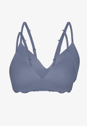 Soutien-gorge gris sans coutures avec bretelles ajustables, un décolleté en V profond et une bordure en dentelle le long du bas, fabriqué en tissu extensible doux.